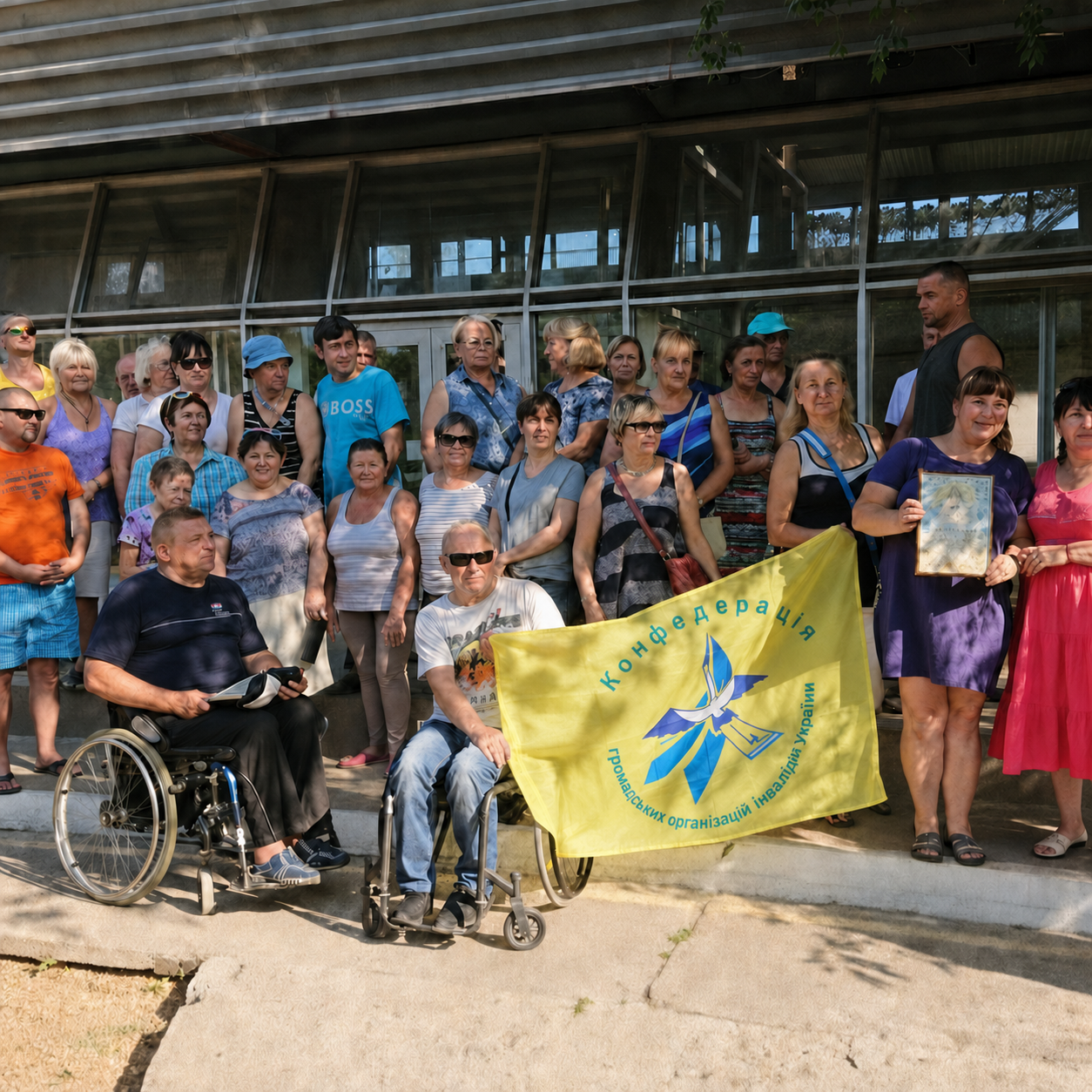 Confederation members gathered at a building entrance