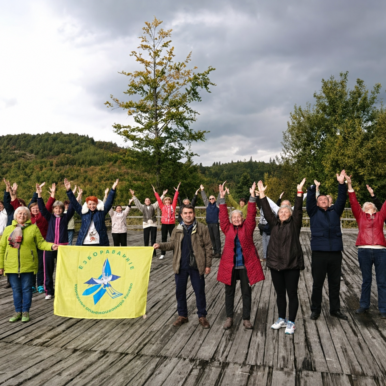 Confederation group celebration on a mountain deck